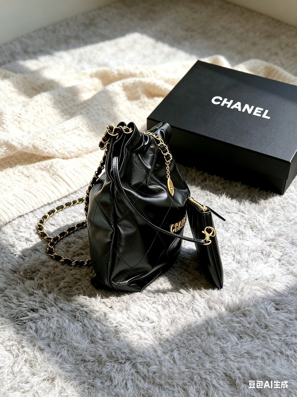 Chanel Black Quilted Patent Leather Large Drawstring Tote - Picture 7 of 7